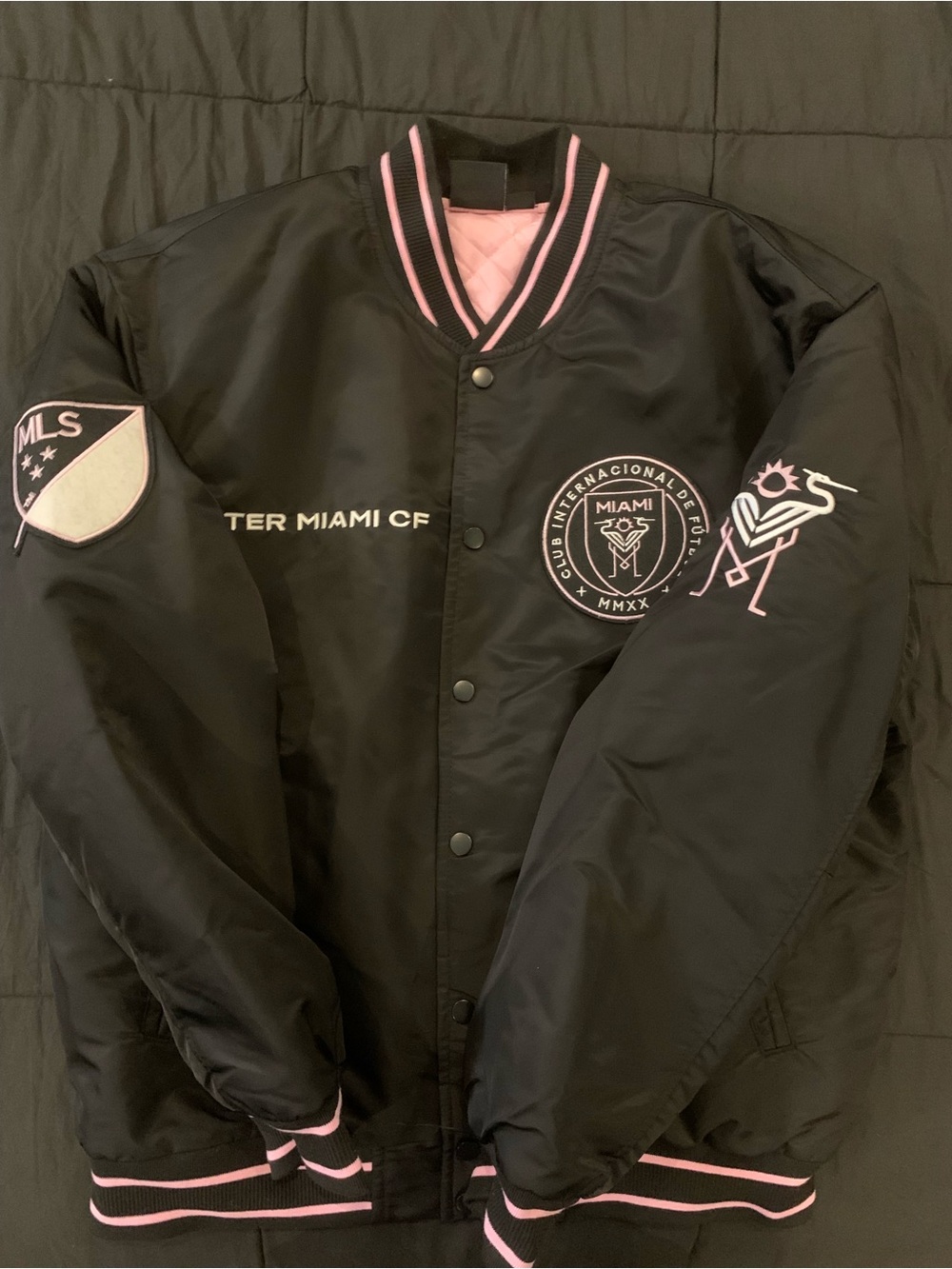 Inter Miami Black & Pink Satin Bomber Jacket